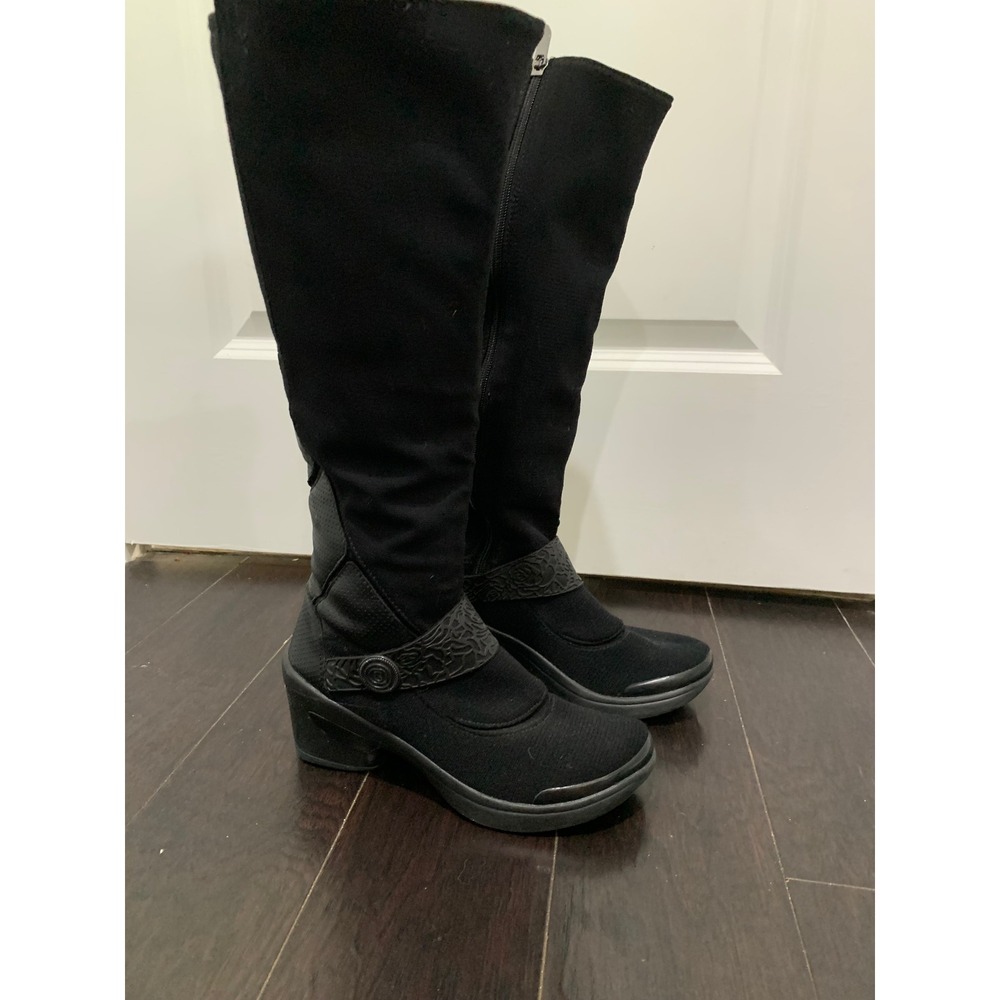 Bzees Euphoria Black Fabric Tall Wedge Boots Womens 7M Side Zip Rose Strap